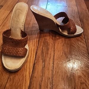 NEW Vintage CANDIES Brown leather Wedge Open Toe Slides Heels Sandals Shoes Sz 6